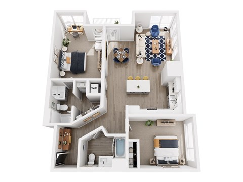 A top down view of a small apartment with a kitchen, living room, and bedroom.